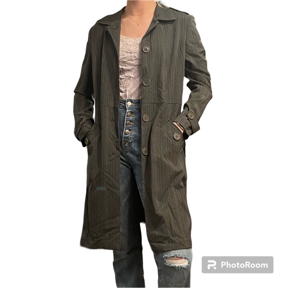 Gray and Pink Vintage Pinstripe Trench Coat Large
